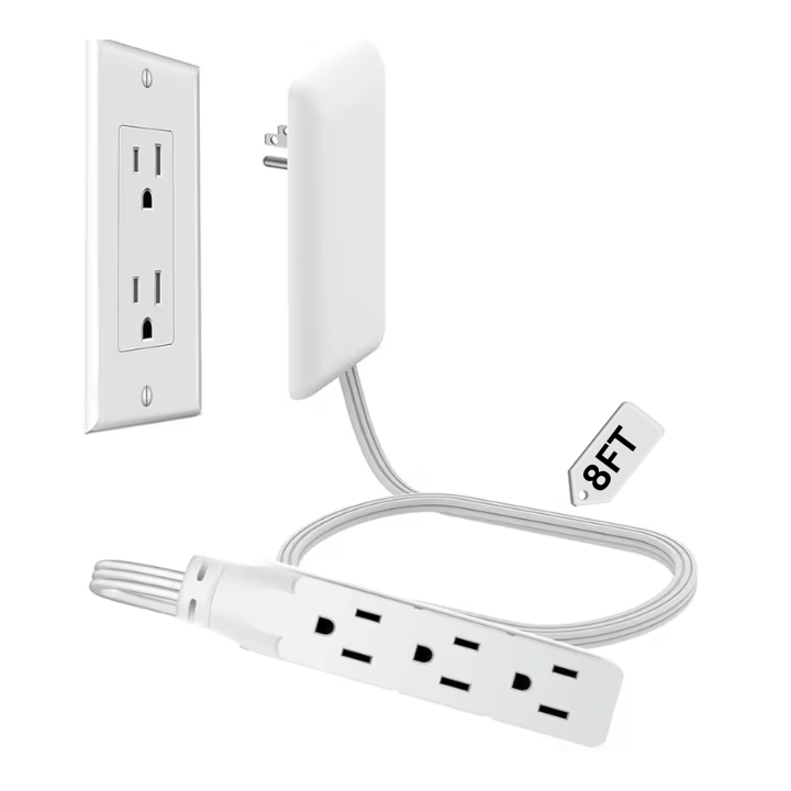 White Flat-Plug Extension Cord with Three-Outlet Wall-Hugger Strip in 3-, 5- or 8-Foot Lengths