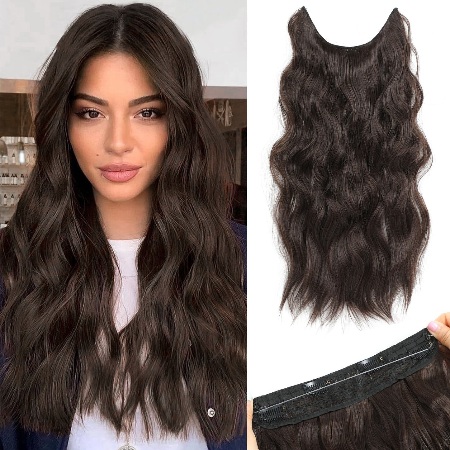 Invisible Wire Hair Extensions 22 Inch for Women — Transparent Fish Line 4 Clips Long Wavy Hairpiece for Thin Fine Hair, 7 Colors 1B 613 Ombre, No Glue No Heat Damage Free