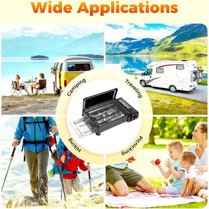 Black Dual-Fuel Tabletop Camping Grill Stove with Butane and LPG Inlets, 41.5 x 28 cm Body and Carrying Case