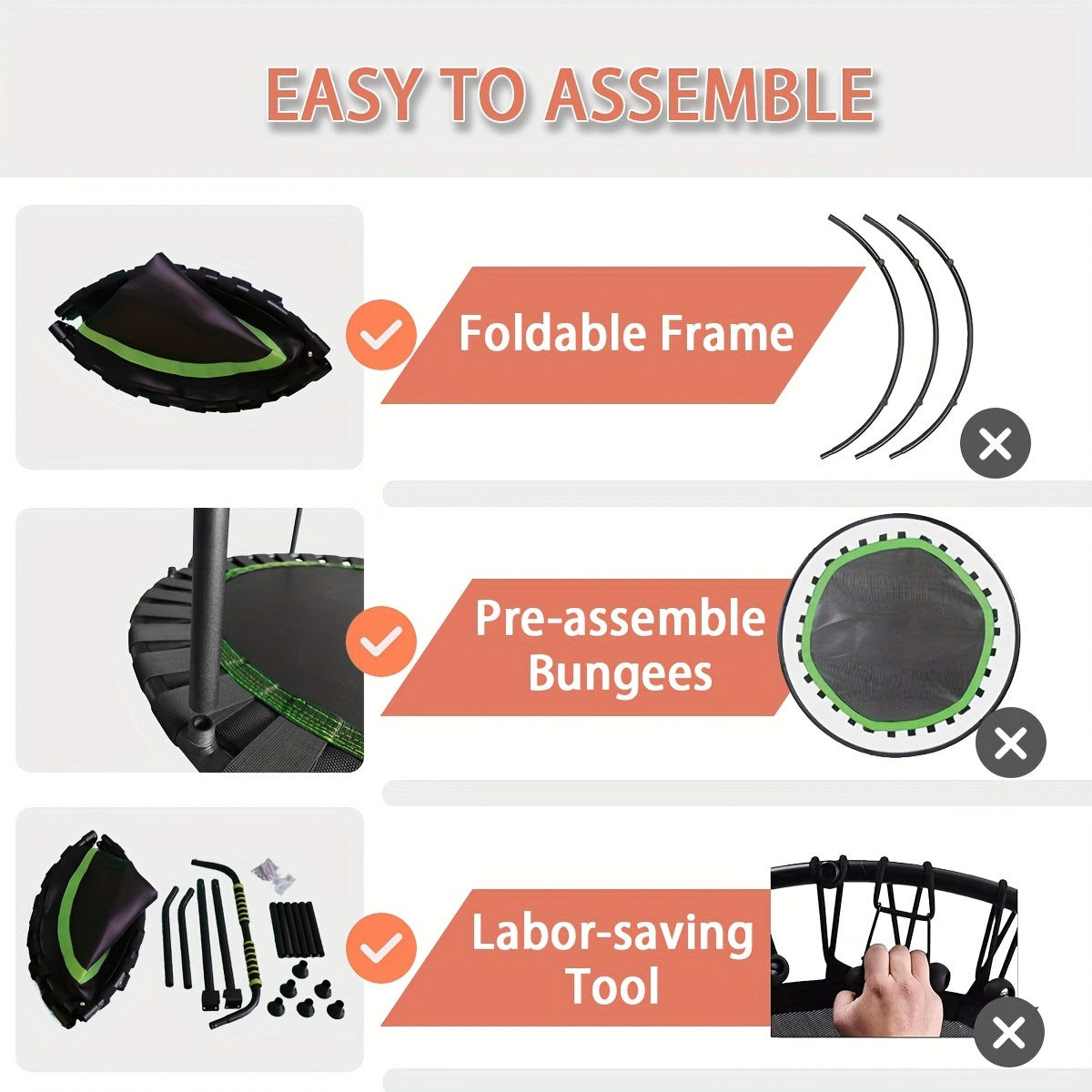 40-Inch Foldable Mini Trampoline with Adjustable Foam Handle, Bungee Straps and Three Colors