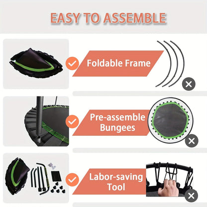 40-Inch Foldable Mini Trampoline with Adjustable Foam Handle, Bungee Straps and Three Colors