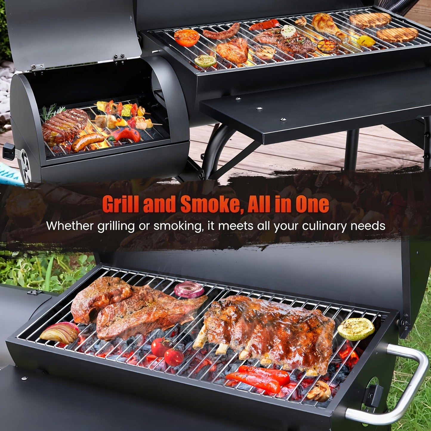 Charcoal Grill with Offset Smoker, Barrel BBQ Smoker Grill Combo for Backyard & Patio, Heavy-Duty Outdoor Charcoal Smoker with Side Firebox for Smoking, Grilling & BBQ Parties
