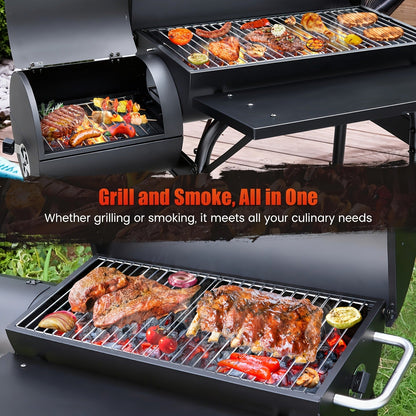 Charcoal Grill with Offset Smoker, Barrel BBQ Smoker Grill Combo for Backyard & Patio, Heavy-Duty Outdoor Charcoal Smoker with Side Firebox for Smoking, Grilling & BBQ Parties