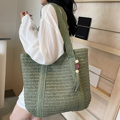 Straw Woven Tote Bag for Women Large Capacity Beach Bag Handwoven Shoulder Bag with Tassel Summer Vacation Travel Shopping Bag