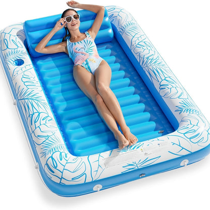 Tanning Pool Float 4-in-1 – Inflatable Sunbathing Lounger with Detachable Pillow, Cup Holder & Wrap Rope, Water-Filled Sun Tan Tub Raft for Adults, PVC