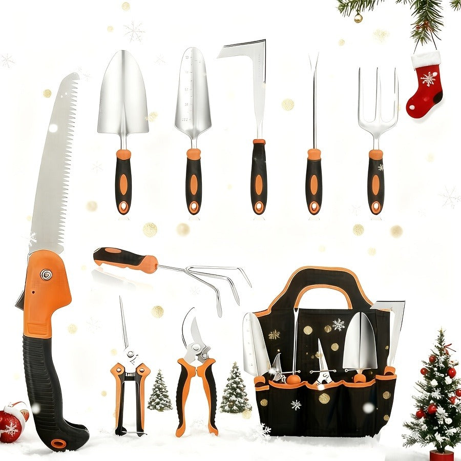 Garden Tool Set 10-Piece | Heavy Duty Stainless Steel Trowel Pruner Rake Weeder with Tote Bag | Ergonomic Non-Slip Grip Gardening Kit Gift for Women Men