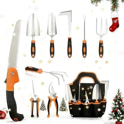 Garden Tool Set 10-Piece | Heavy Duty Stainless Steel Trowel Pruner Rake Weeder with Tote Bag | Ergonomic Non-Slip Grip Gardening Kit Gift for Women Men