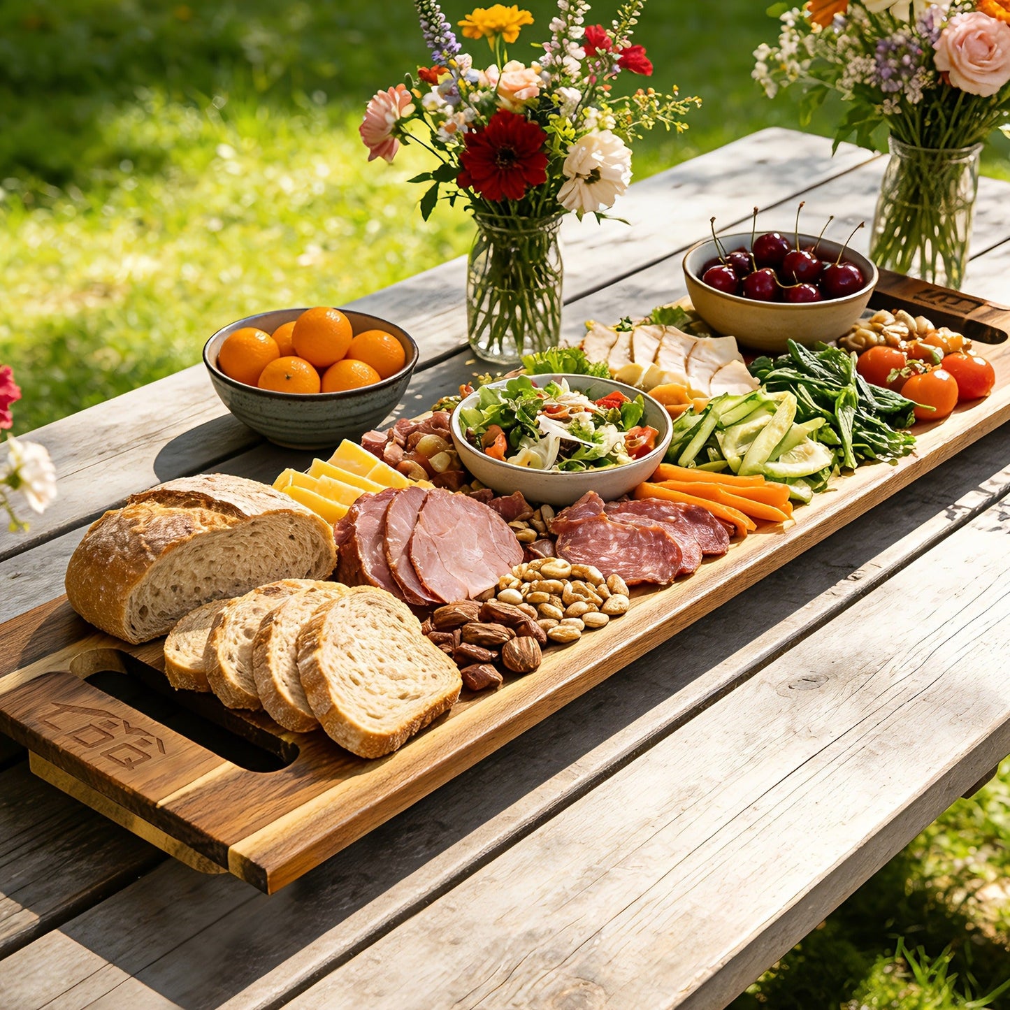 Extra-Long 36 x 11-Inch Wood-Color Charcuterie Board with Recessed Handles and Two Display Stands