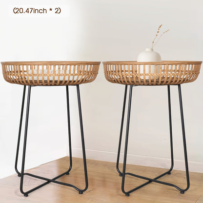 Rattan Side Table Nesting Tables Set of 2 Round Boho End Table Natural Bamboo Woven Coffee Table Metal Base for Living Room Bedroom Sofa Terrace