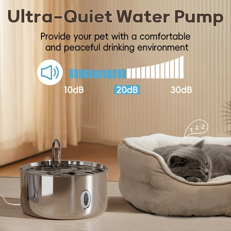 FT007 7L Pet Water Fountain with Stainless-Steel-Marked Basin, Central Faucet Outlet and Water Window