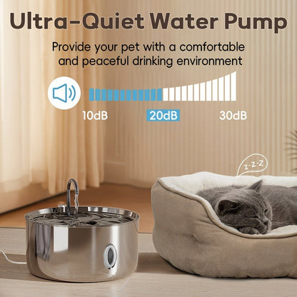 FT007 7L Pet Water Fountain with Stainless-Steel-Marked Basin, Central Faucet Outlet and Water Window