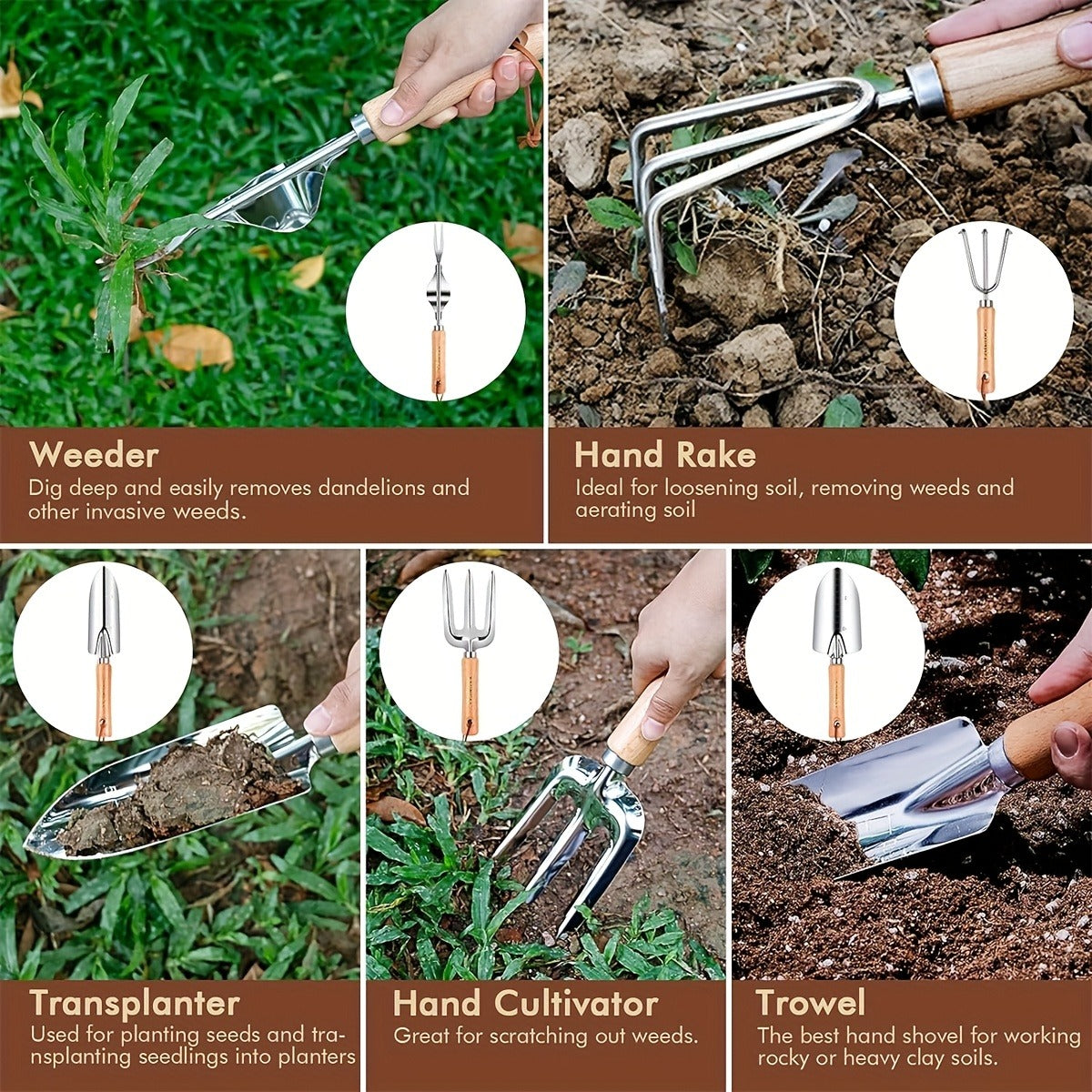 Gardening Kit 9-Piece with Gloves & Carry Bag | Heavy Duty Rust-Resistant Garden Tool Set Trowel Weeder Pruner Rake | Planting Gift for Women Men Beginners