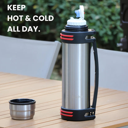 2000ml Stainless Steel Water Bottle Flask with Cup-Style Cap, Rigid Side Handle and Shoulder Strap