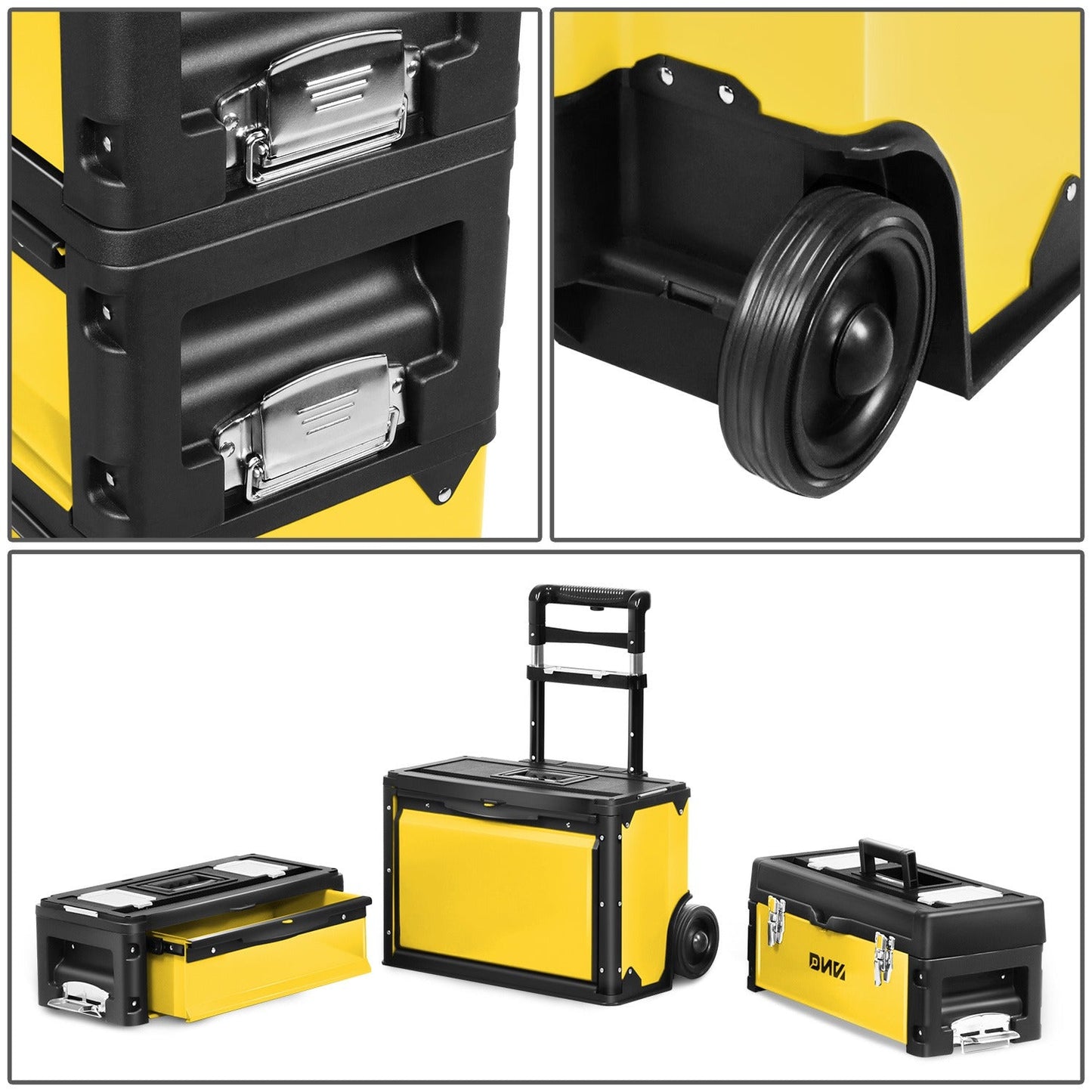 Rolling Tool Box 3-Tier Stackable Portable Toolbox with Wheels 19.5x12x28.5 Inch Steel PP 3-in-1 Detachable Compartments Metal Latches Extendable Handle for Home Workshop Garage Job Site