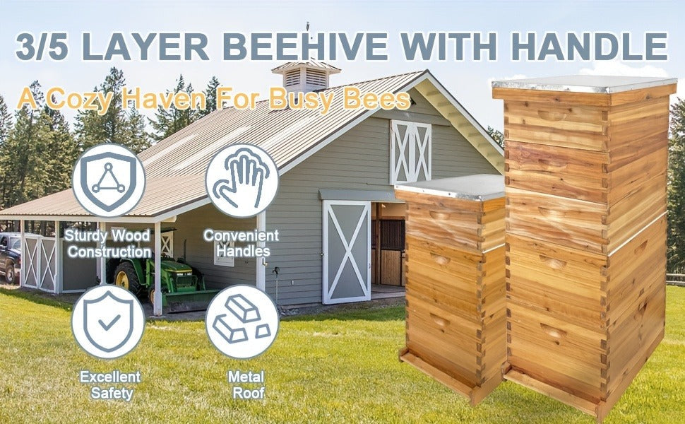 Three-Layer Langstroth-Style Beehive Box Kit with Two Deep Boxes, One Medium Box and Metal-Topped Cover