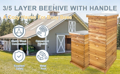 Three-Layer Langstroth-Style Beehive Box Kit with Two Deep Boxes, One Medium Box and Metal-Topped Cover