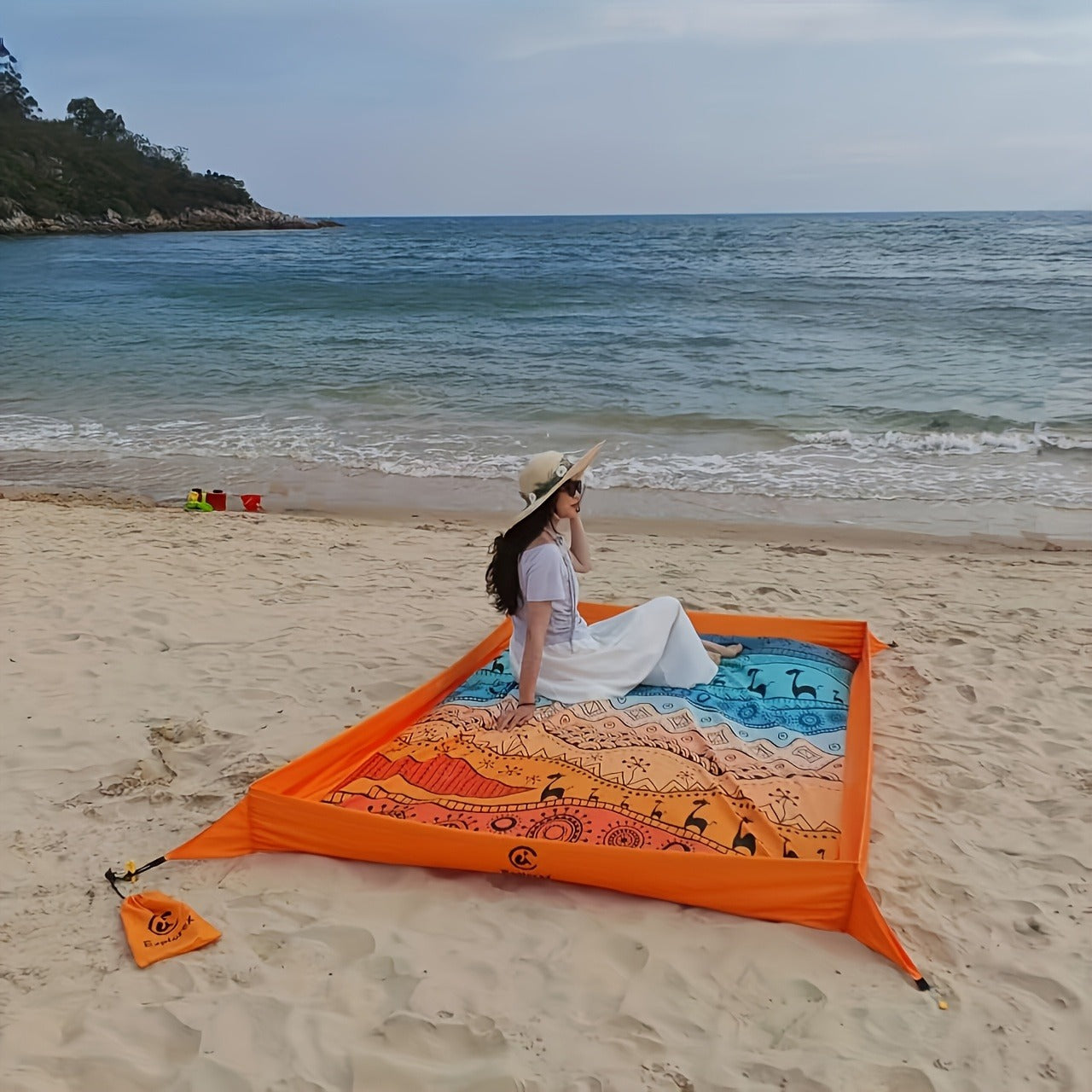 Beach Blanket with Sand Walls Fence Sandproof Waterproof 55x86in with 4 Stakes & Carry Bag for Family Picnic Camping Park Travel – 6 Printed Styles