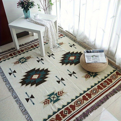 Woven Picnic Blanket with Cream Geometric Bohemian Pattern and 35.43 x 70.86 or 51.18 x 70.86-Inch Sizes