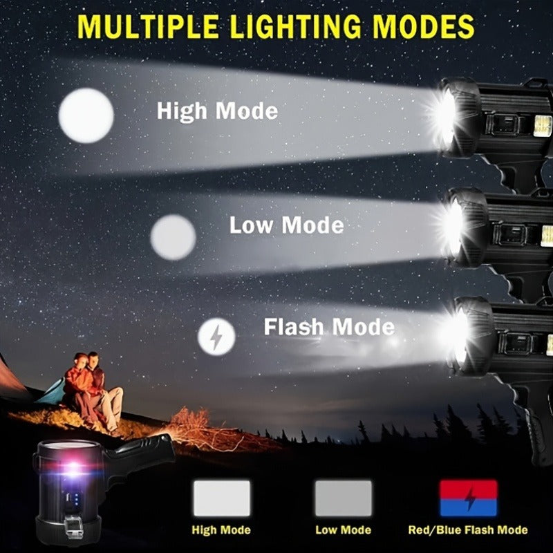 Flashlight IPX4 Solar and USB Rechargeable Searchlight with Six Modes and Three Color Filters
