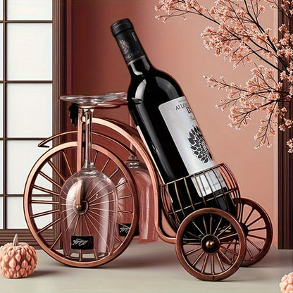 Wine Rack Bicycle Shaped - Holds 1 Bottle & 2 Glasses, Vintage Iron Bike Wine Holder for Home Decor, Tabletop Display, Parties & Gifts, Polished Finish