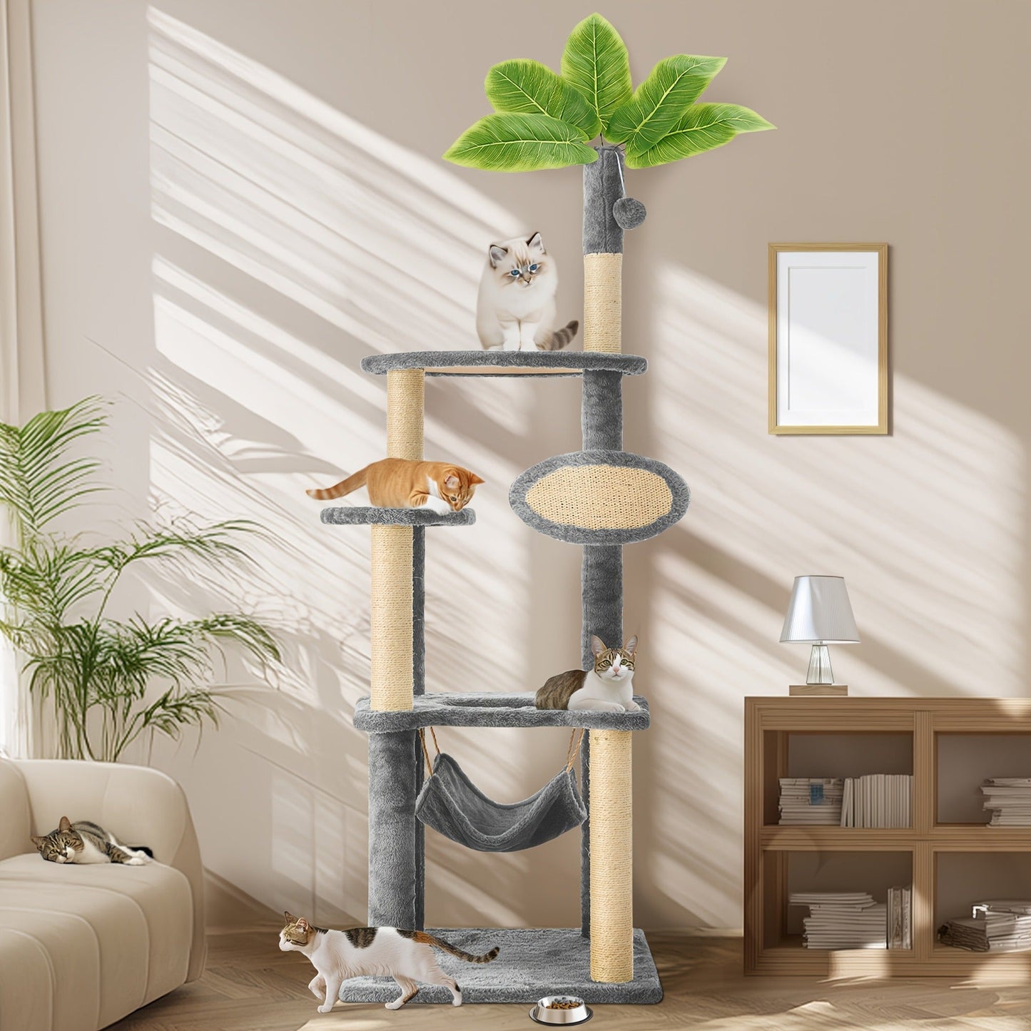 Cat Tree 55" Large Multi-Level Cat Tower for Indoor Cats with Green Leaves, Hammock, Sisal Scratching Posts & Hanging Ball Toy – Cat Furniture for Living Room