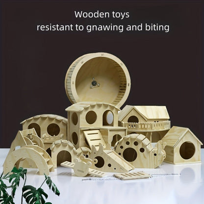 Hamster Cage Accessories 6-Piece Wooden Set - Running Wheel, Villa House, Swing, Nesting House for Hamsters Guinea Pigs Gerbils - Natural Wood Small Animal Habitat Enrichment Toys & Cage Supplies