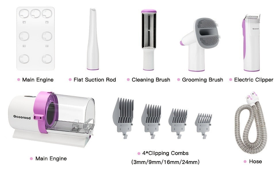 Pet Grooming Vacuum Kit with 2.5L Collection Cup, Electric Clipper, Hose and Four Pictured Tool Attachments