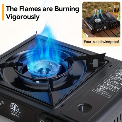 Black Single-Burner Butane Tabletop Camping Stove with Carrying Case, Adjustable Knob and US-Spec Option