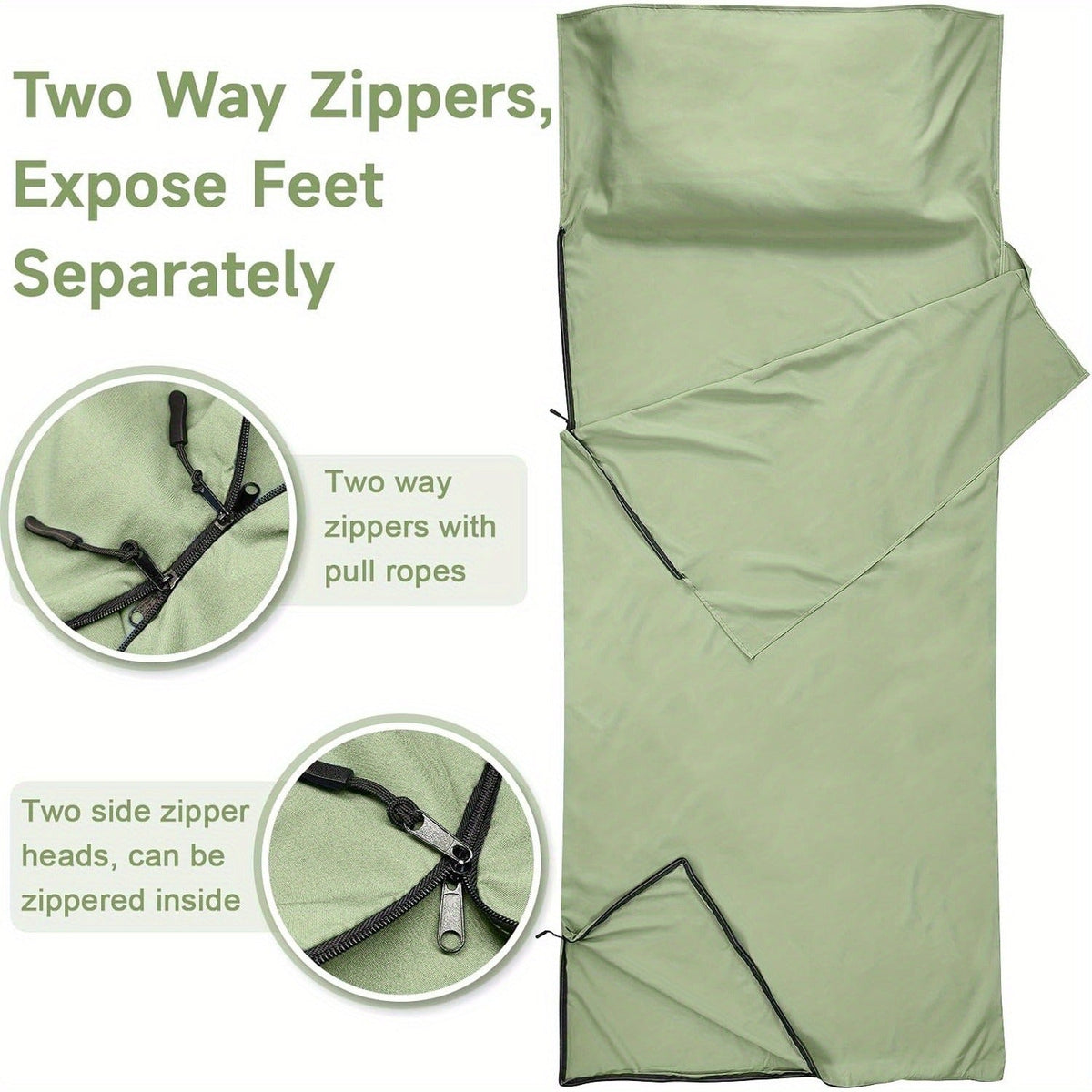 Sleeping Bag Liner for Adults – Two-Way Zipper Sleep Sack with Foot Exposure, Lightweight Portable Travel Sheet for Camping, Hiking, Hotel & Hostel Use, Single Size, Machine Washable