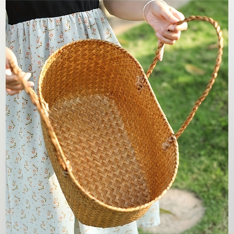 Straw Picnic Basket with Long Handles – Large Hand-Woven Vintage Shopping Basket for Beach, Outdoor Picnics & Rustic Home Decor Storage