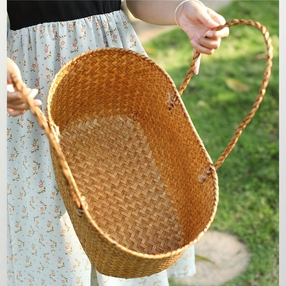 Straw Picnic Basket with Long Handles – Large Hand-Woven Vintage Shopping Basket for Beach, Outdoor Picnics & Rustic Home Decor Storage