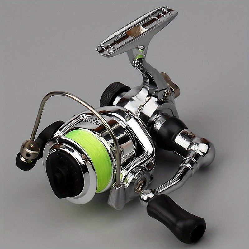 Mini Spinning Fishing Reel with Folding Handle, Green Line Spool and Compact 9 x 9 x 8 cm Profile