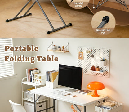 Folding Table 4ft and 6ft White Plastic Top with Black Metal Legs, Carry Handle and Adjustable Height