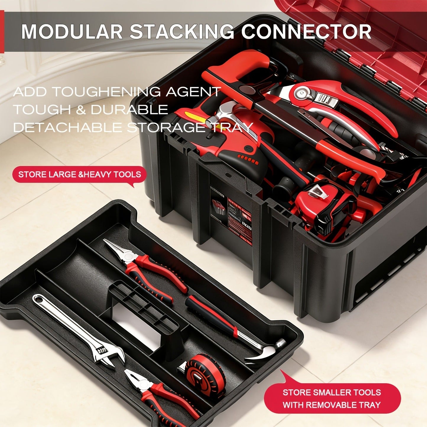 Rolling Tool Box with Wheels 3-Tier Stackable Organizer | Lockable Compartments, Connected Storage, 17" Large Plastic Toolbox for Garage, Home & Professional Work