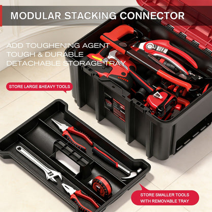 Rolling Tool Box with Wheels 3-Tier Stackable Organizer | Lockable Compartments, Connected Storage, 17" Large Plastic Toolbox for Garage, Home & Professional Work