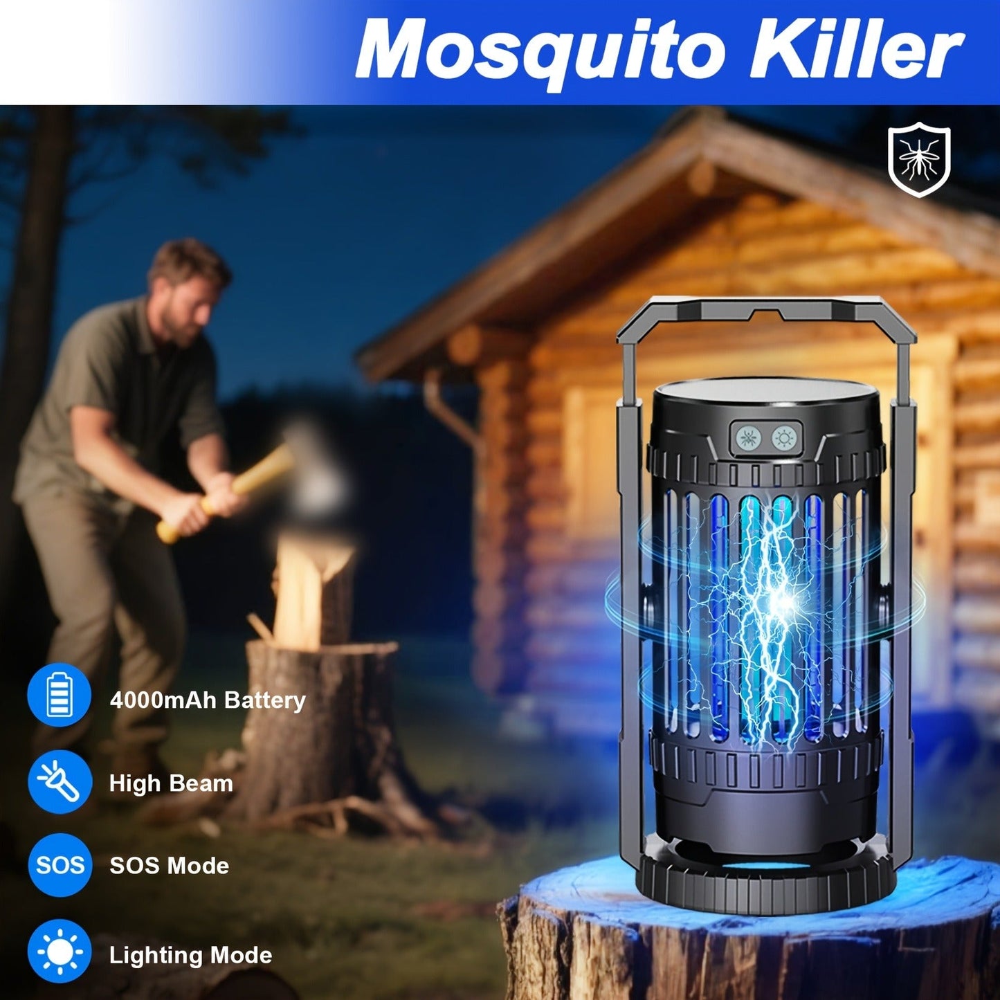 Rechargeable Lantern Bug Zapper with Blue Grid Light, Swivel Base, USB-C Cable and Cleaning Brush