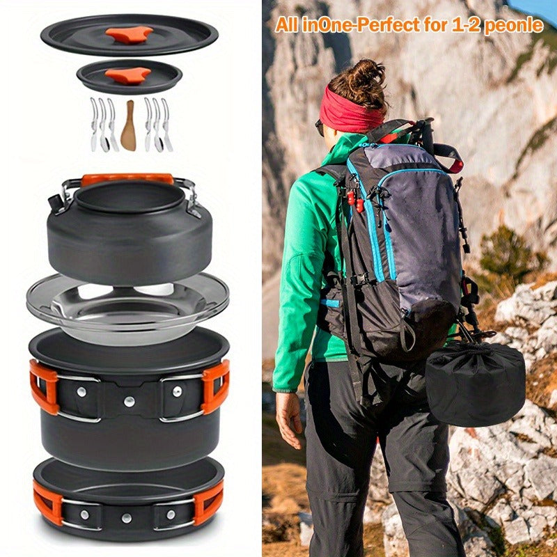 Camping Cookware Set, Aluminum Pot, Frying Pan and Kettle Kit with Folding Handles, Cutlery and Carry Bag