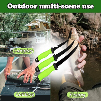 Three-Piece Stainless Steel Fishing Knife Set with 4.5 to 6.5 Inch Green-Handled Fillet Blades