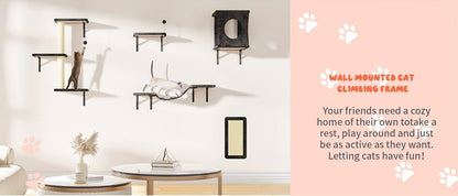 Five-Piece Wall-Mounted Cat Furniture Set with Open Perches, Suspended Bridge and Enclosed Cube