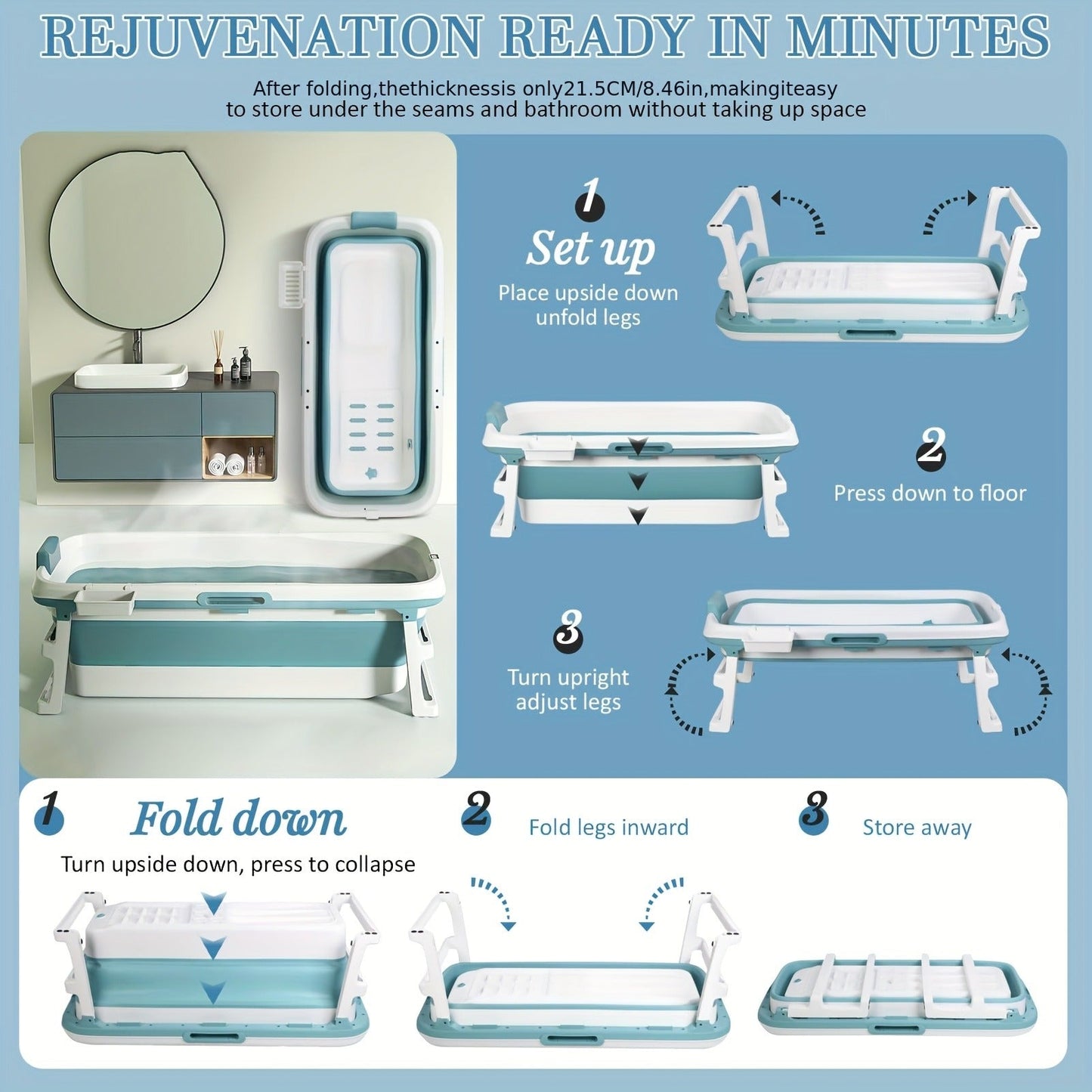 Rectangular Collapsible Adult Soaking Tub in Blue with Rigid Folding Frame, Thermal Cover and Drain Hose