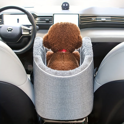 Open-Top Pet Carrier Car Seat Tote with Padded Rim, Attachment Straps, Interior Clip and Grey Fabric Exterior