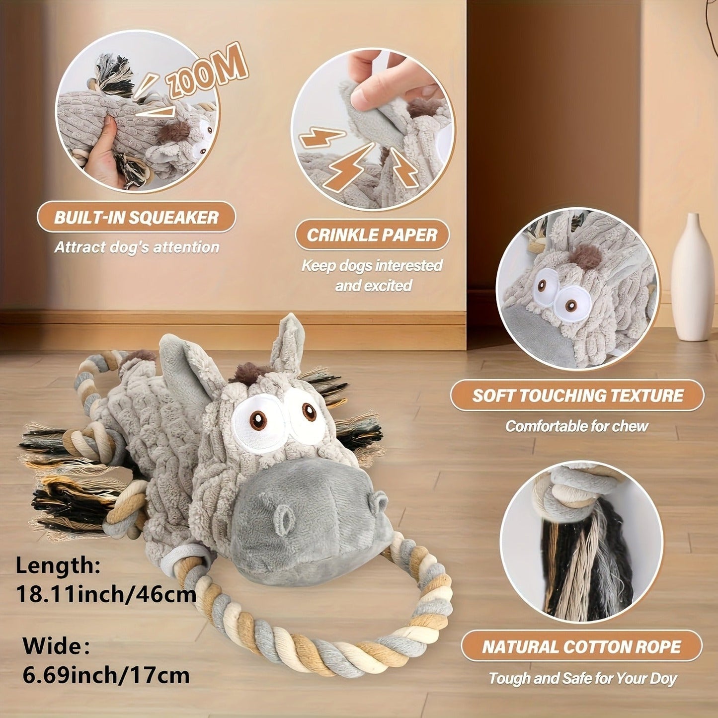 Dog Toy Stretch Donkey Plush Squeaker with Elastic Body, Textured Surface and Rope Ends in Gray White