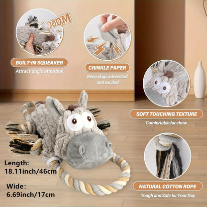 Dog Toy Stretch Donkey Plush Squeaker with Elastic Body, Textured Surface and Rope Ends in Gray White