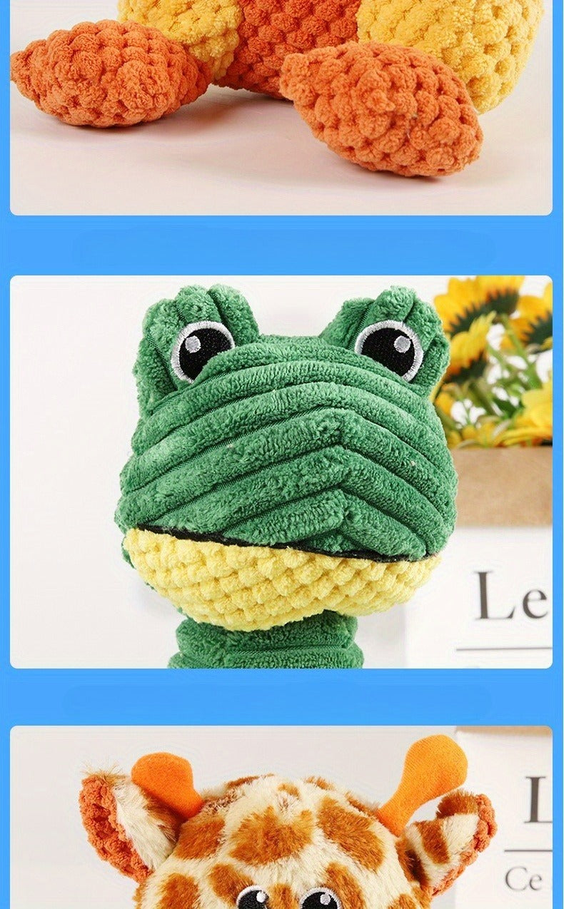 Squeaky Plush Dog Toy with Animal Print - Durable Cartoon Chew Toy for Aggressive Chewers, Interactive Tug of War Toy for All Breeds, Cute Deer & Frog Design Squeaky Dog Gift