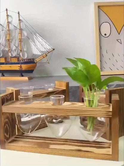 Heart-Bottle Propagation Vase with Wooden Frame in Single, Double or Triple Glass Vessel Options