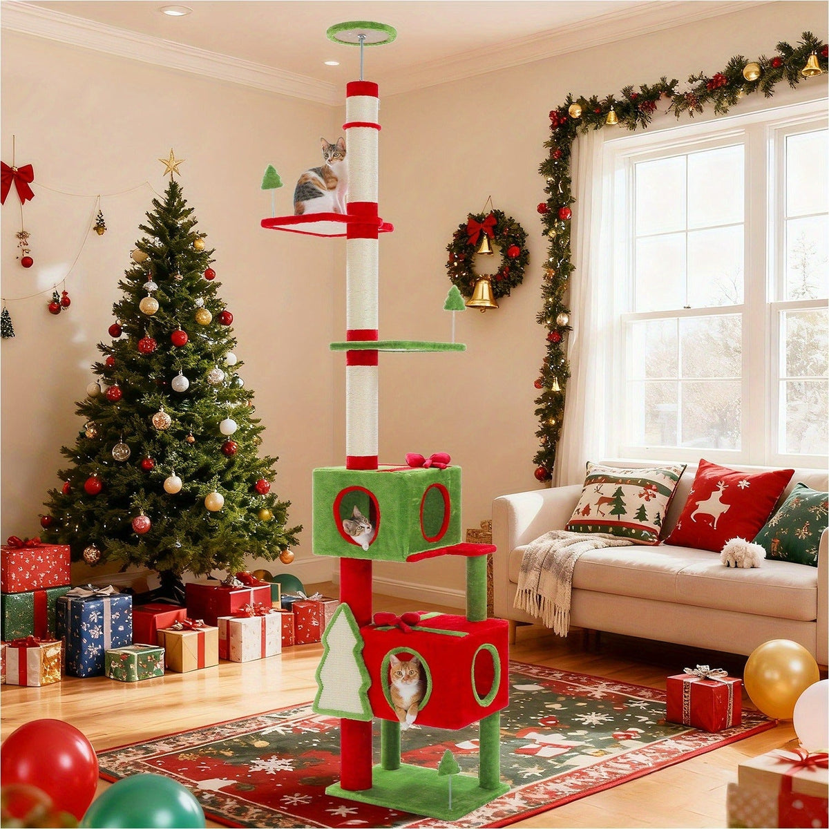 90-107.9-Inch Floor-to-Ceiling Cat Tree with Four Platforms, Tension Post and Five Style Options
