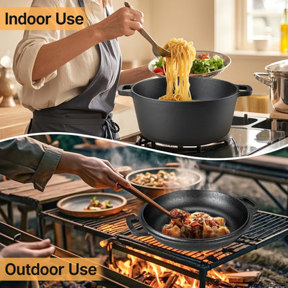 Pre-Seasoned-Labeled Cast Iron Dutch Oven with Reversible Skillet Lid, Trivet, Handle Covers and Scraper