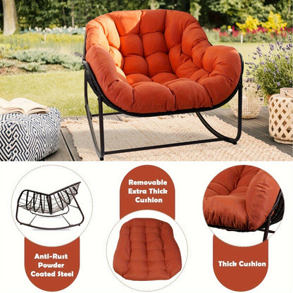 Papasan Rocking Chair Outdoor Wicker Egg Chair with Cushion & Pillow, Large Patio Rocker for Garden