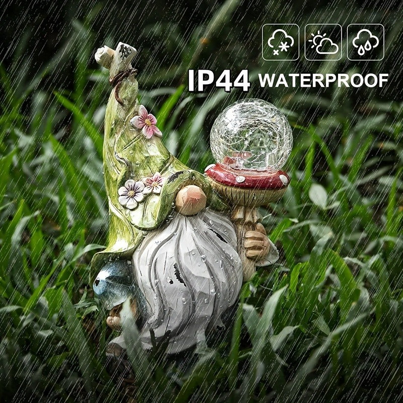 11-Inch Solar Garden Gnome Statue with Illuminated Globe, Blue Robe and Integrated Rear Panel