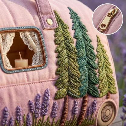 Camper Motif Quilted Travel Tote Bag with Zippered Top, Lavender Handles and 16 x 8 x 8-Inch Checkout Size